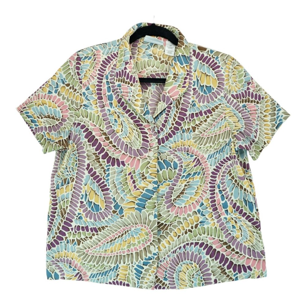 Alfred Dunner Womens Shirt 12P‎ Petites Blue Pink Short Sleeve Button Collared